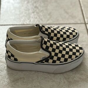 Vans Black and Cream Checkerboard Platform Slip-Ons